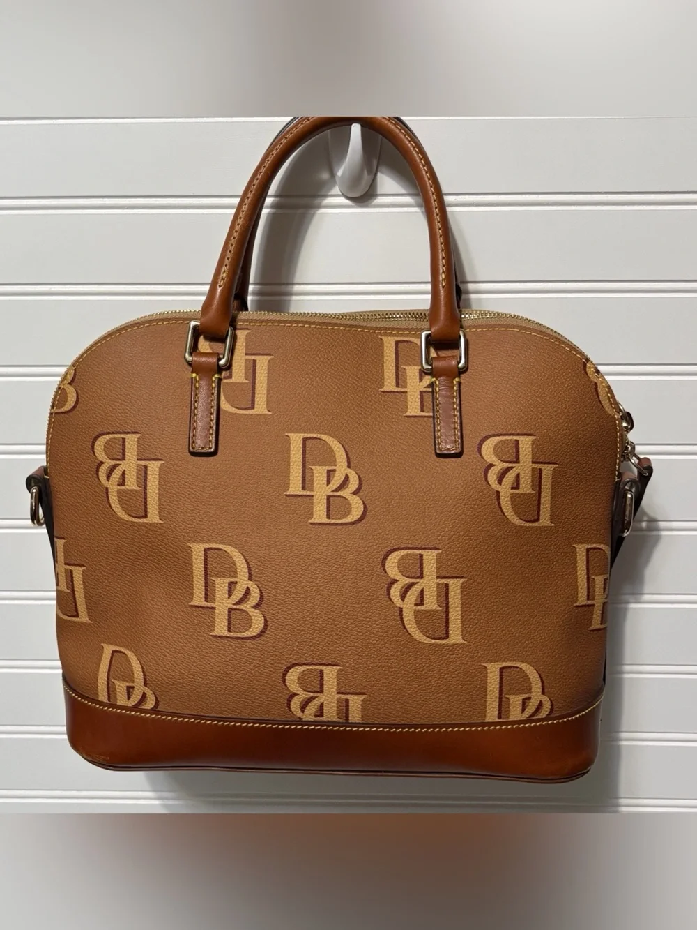 Dooney & Bourke DB Monogram Leather Brown Domed Satchel Shoulder Bag Purse Tote